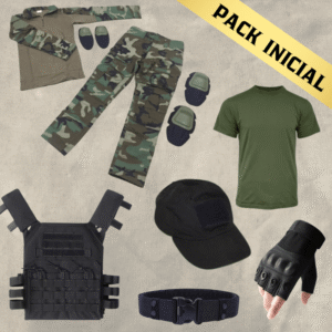 Pack Equipación de Combate Woodland Uniforme y Chaleco Porta Placas con Accesorios