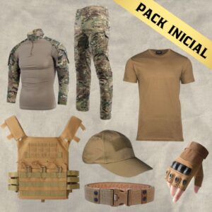 Pack Equipación de Combate Uniforme Chaleco Porta Placas Camiseta Guantes Gorra Cinturón Multicam
